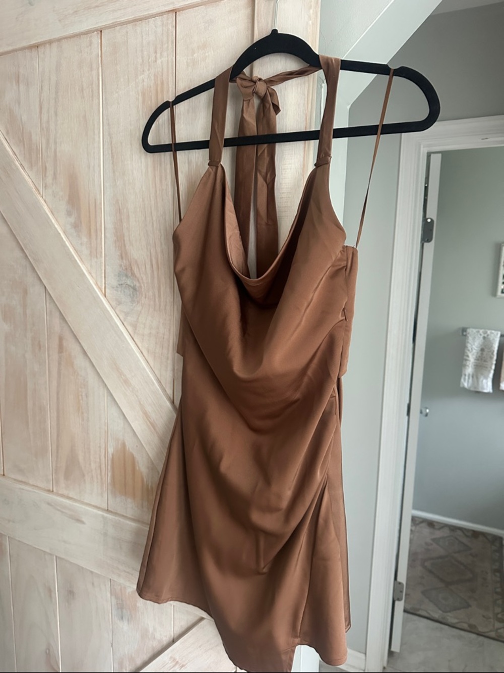 Le Lis Brown Satin Cowl Neck Mini Dress